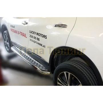 Пороги с площадкой алюминиевый лист квинтет 60 мм ALFeco для Nissan X-Trail 2018-