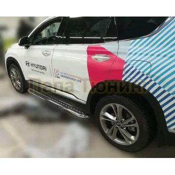 Пороги с площадкой алюминиевый лист квинтет 60 мм ALFeco для Hyundai Santa Fe 2018-