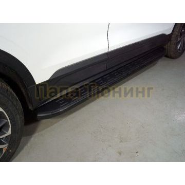 Пороги алюминиевые с пластиковой накладкой (карбон черные) 1720 мм ТСС для Geely Coolray 2020-2024