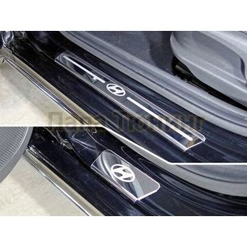 Накладки на пороги (лист зеркальный логотип Hyundai) 4шт ТСС для Hyundai Accent 2017-