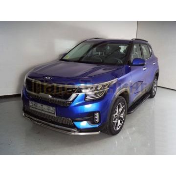 Пороги алюминиевые с пластиковой накладкой (карбон черные)  1720 мм ТСС для Kia Seltos 2020-