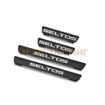 Накладки на пороги RUSSTAL (нерж., карбон, надпись) РусСталь для Kia Seltos 2020-