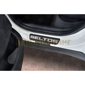 Накладки на пороги RUSSTAL (нерж., карбон, надпись) РусСталь для Kia Seltos 2020-