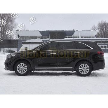 Пороги труба d42 с листом (Лист алюм, проф. нерж) (вариант 1) РусСталь для Kia Sorento Prime 2018-