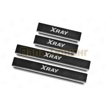 Накладки на пороги RUSSTAL (нерж., карбон, надпись) РусСталь для Lada Xray 2015-