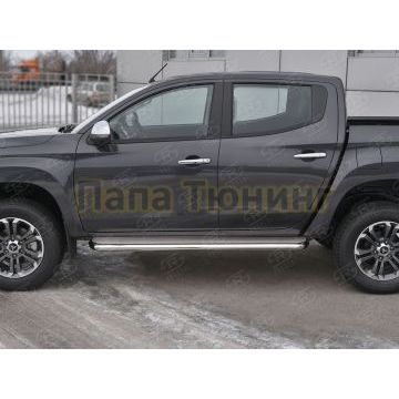 Пороги труба d63 с листом (Лист нерж, проф. нерж) (вариант 3) РусСталь для Mitsubishi L200 2019-