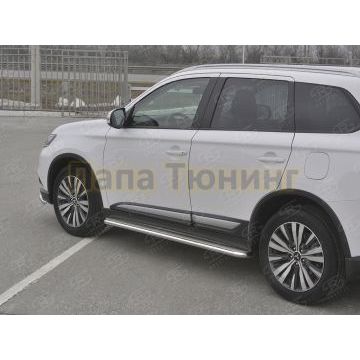 Пороги труба d42 с листом(Лист нерж, проф. нерж) (вариант 3) РусСталь для Mitsubishi Outlander 2018-