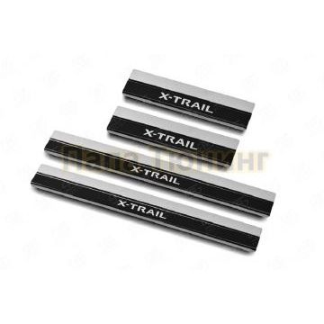 Накладки на пороги RUSSTAL (нерж., карбон, надпись) РусСталь для Nissan X-TRAIL (T32) 2015-
