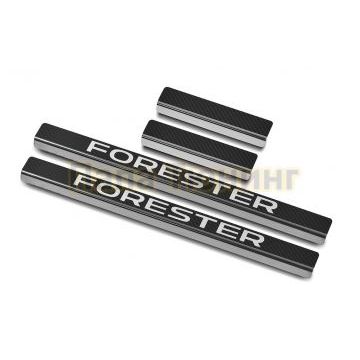 Накладки на пороги RUSSTAL (нерж., карбон, надпись) РусСталь для Subaru Forester(SJ) 2016-2018