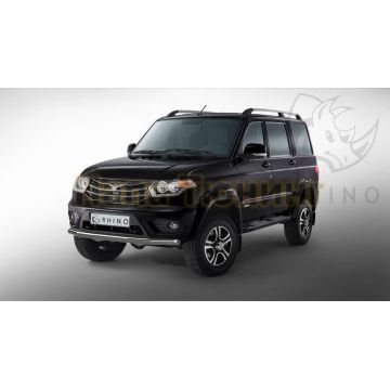 Защита переднего бампера d57 ч. сталь сер. (секции) РусСталь для UAZ Patriot 2014- Защита переднего бампера d57 ч. сталь сер. (секции) РусСталь для UAZ Patriot 2014-