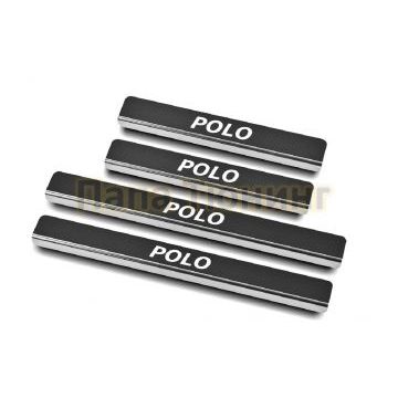 Накладки на пороги RUSSTAL (нерж., карбон, надпись) РусСталь для Volkswagen Polo 2015-2020