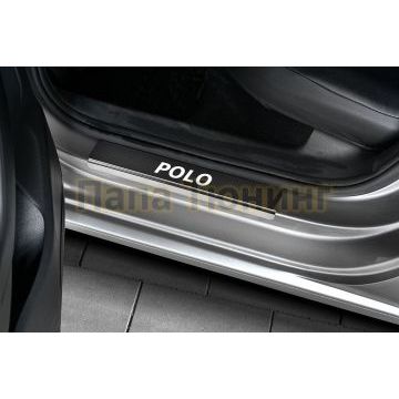 Накладки на пороги RUSSTAL (нерж., карбон, надпись) РусСталь для Volkswagen Polo 2015-2020
