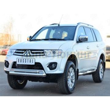 Пороги труба d76 с накладкой (вариант 3)  (Пыльник лист AISI 304) для Mitsubishi Pajero Sport 2013-2015