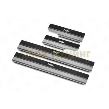 Накладки на пороги RUSSTAL (нерж., карбон, надпись) для Lexus NX (not F-Sport) 2014-2017