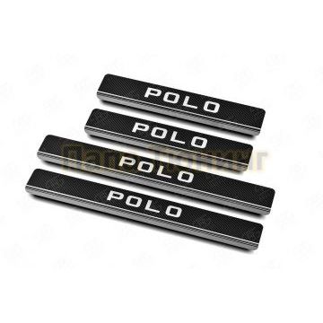 Накладки на пороги RUSSTAL (нерж., карбон, надпись) для Volkswagen Polo 2020-