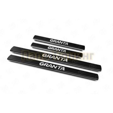 Накладки на пороги RUSSTAL (нерж., карбон, надпись) для Lada Granta 2011-