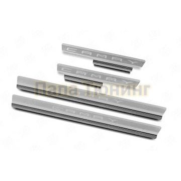 Накладки на пороги RUSSTAL (нерж., шлиф., надпись) для Toyota Camry 2018-