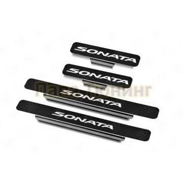 Накладки на пороги RUSSTAL (нерж., карбон, надпись) РусСталь для Hyundai Sonata 2020-