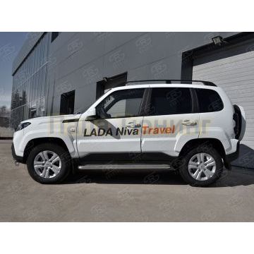 Пороги труба d42 с листом (Лист нерж, проф. нерж) (вариант 3) РусСталь для Lada Niva Travel 2021-