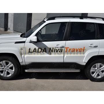 Пороги труба d42 с листом (Лист нерж, проф. нерж) (вариант 3) РусСталь для Lada Niva Travel 2021-