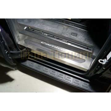 Накладки на пластиковые пороги задние (лист шлифованные надпись Carnival) 2 шт ТСС для Kia Carnival 2021-