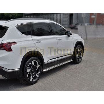 Пороги труба d42 с листом (Лист нерж, проф. нерж) (вариант 3) РусСталь для Hyundai Santa Fe 2021-