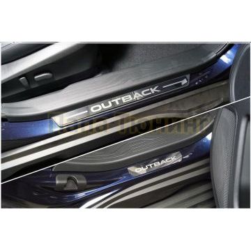 Накладки на пластиковые пороги (лист зеркальный надпись Outback) 4шт ТСС для Subaru Outback 2021- Накладки на пластиковые пороги (лист зеркальный надпись Outback) 4шт ТСС для Subaru Outback 2021-