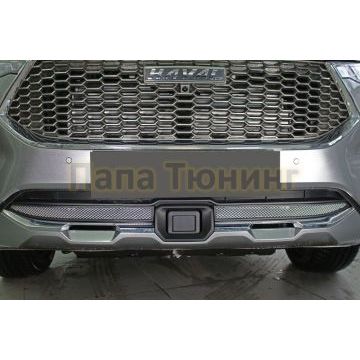 Защита радиатора Папа Тюнинг Haval F7 2019- 2022/ Haval F7 X 2019- 2022 chrome низ с датчиком ACC (2 части)