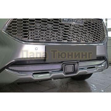 Защита радиатора Папа Тюнинг Haval F7 2019- 2022/ Haval F7 X 2019- 2022 chrome низ с датчиком ACC (2 части)