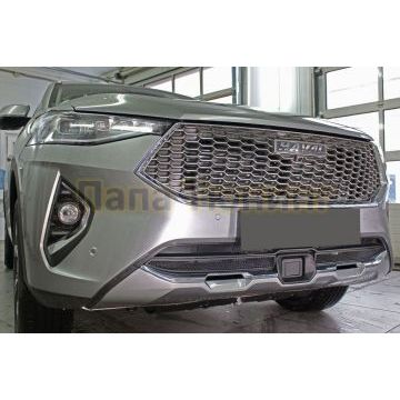 Защита радиатора Папа Тюнинг Haval F7 2019-2022 / Haval F7 X 2019-2022 black низ с датчиком ACC (2 части)