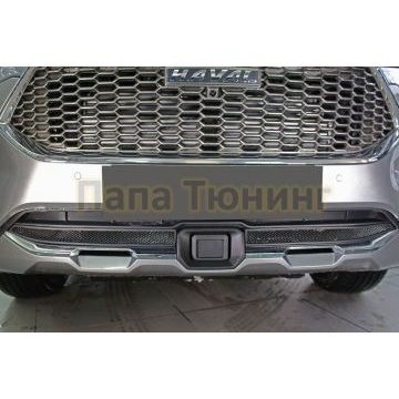 Защита радиатора Папа Тюнинг Haval F7 2019-2022 / Haval F7 X 2019-2022 black низ с датчиком ACC (2 части)