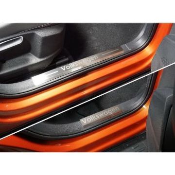 Накладки на пластиковые пороги (лист шлифованный надпись Volkswagen) 4шт ТСС для Volkswagen Taos 2021-
