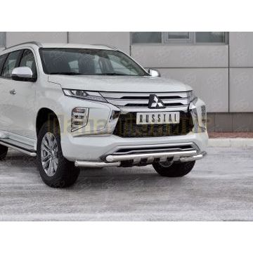 Защита переднего бампера d57 секции-d57 уголки+клыки РусСталь для Mitsubishi Pajero Sport 2021-