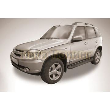 Пороги алюминиевые "Optima Black" 1450 черные Slitkoff для Chevrolet NIVA BERTONE 2010-2020