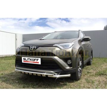 Защита переднего бампера d57+d42 двойная с декоративными элементами Toyota RAV-4 2015-2019