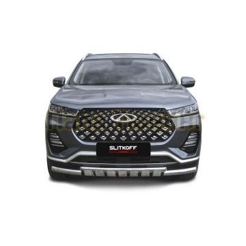 Защита переднего бампера d57+d42 двойная с декоративными элементами Chery TIGGO 7 PRO 2020-