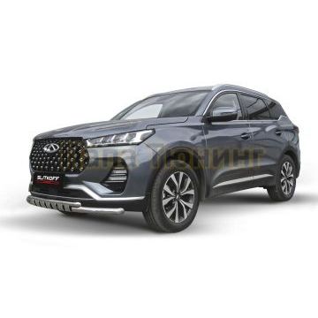 Защита переднего бампера d57+d42 двойная с декоративными элементами Chery TIGGO 7 PRO 2020-