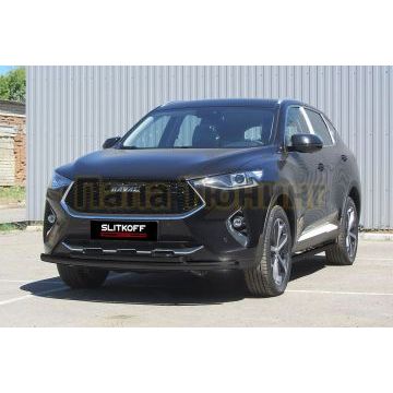 Защита переднего бампера d57+d42 двойная черная Haval F7/ F7X г.в. 2019-2022