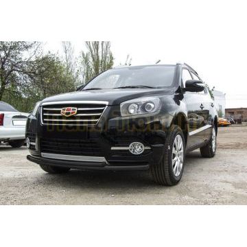 Защита переднего бампера d57+d42 двойная радиусная черная Geely Emgrand X7 2016-2019