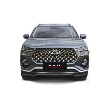 Защита переднего бампера d57+d42 двойная черная Chery TIGGO 7 PRO 2020-