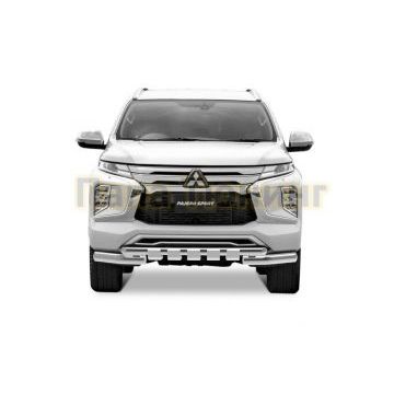 Защита переднего бампера d76+d57 с профильной защитой картера RIVAL для Mitsubishi Pajero Sport 2021-