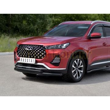 Защита переднего бампера d57 секции-d42 дуга black РусСталь для Chery Tiggo 7 PRO 2020-