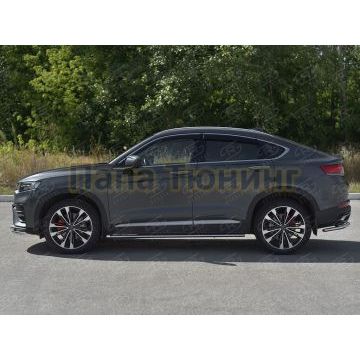 Пороги труба 75х42 овал с проступью РусСталь для Geely Tugella 2020-