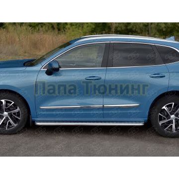 Пороги труба d42 с листом (Лист алюм, проф. нерж) (вариант 1) для Haval Jolion 1.5 2WD 2021-