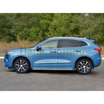 Пороги труба d42 с листом (Лист алюм, проф. нерж) (вариант 1) для Haval Jolion 1.5 2WD 2021-
