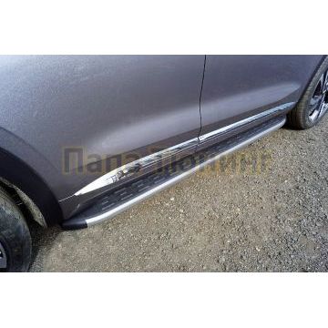 Пороги алюминиевые с пластиковой накладкой (карбон серебро) 1820 мм ТСС для Geely Monjaro 2023-