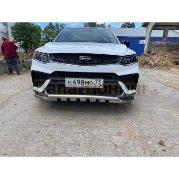 Защита переднего бампера d57+d57 двойная с декоративными элементами Slitkoff для Geely Tugella 2020-