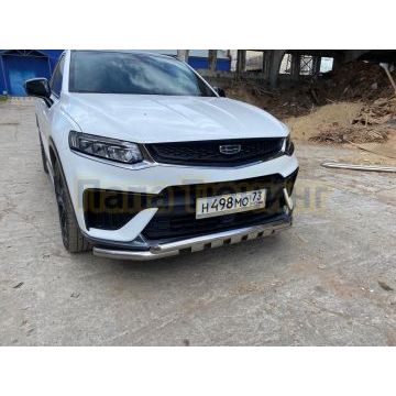 Защита переднего бампера d57+d57 двойная с декоративными элементами Slitkoff для Geely Tugella 2020-