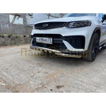 Защита переднего бампера d57+d57 двойная с декоративными элементами Slitkoff для Geely Tugella 2020-