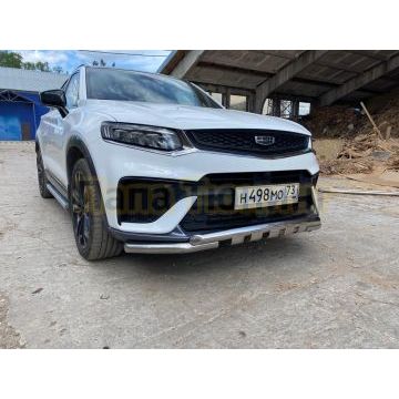 Защита переднего бампера d57+d57 двойная с декоративными элементами Slitkoff для Geely Tugella 2020-